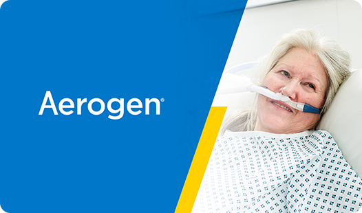 Image of a woman in a hospital bed wearing a breathing device overlayed with the Aerogen logo.