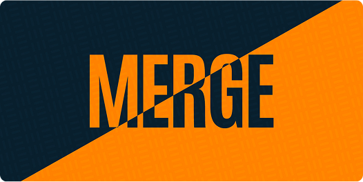 Image of the word Merge on a split color background.